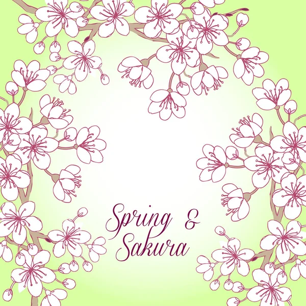 Antecedentes con sakura. Árboles de flor de primavera dibujados a mano — Vector de stock