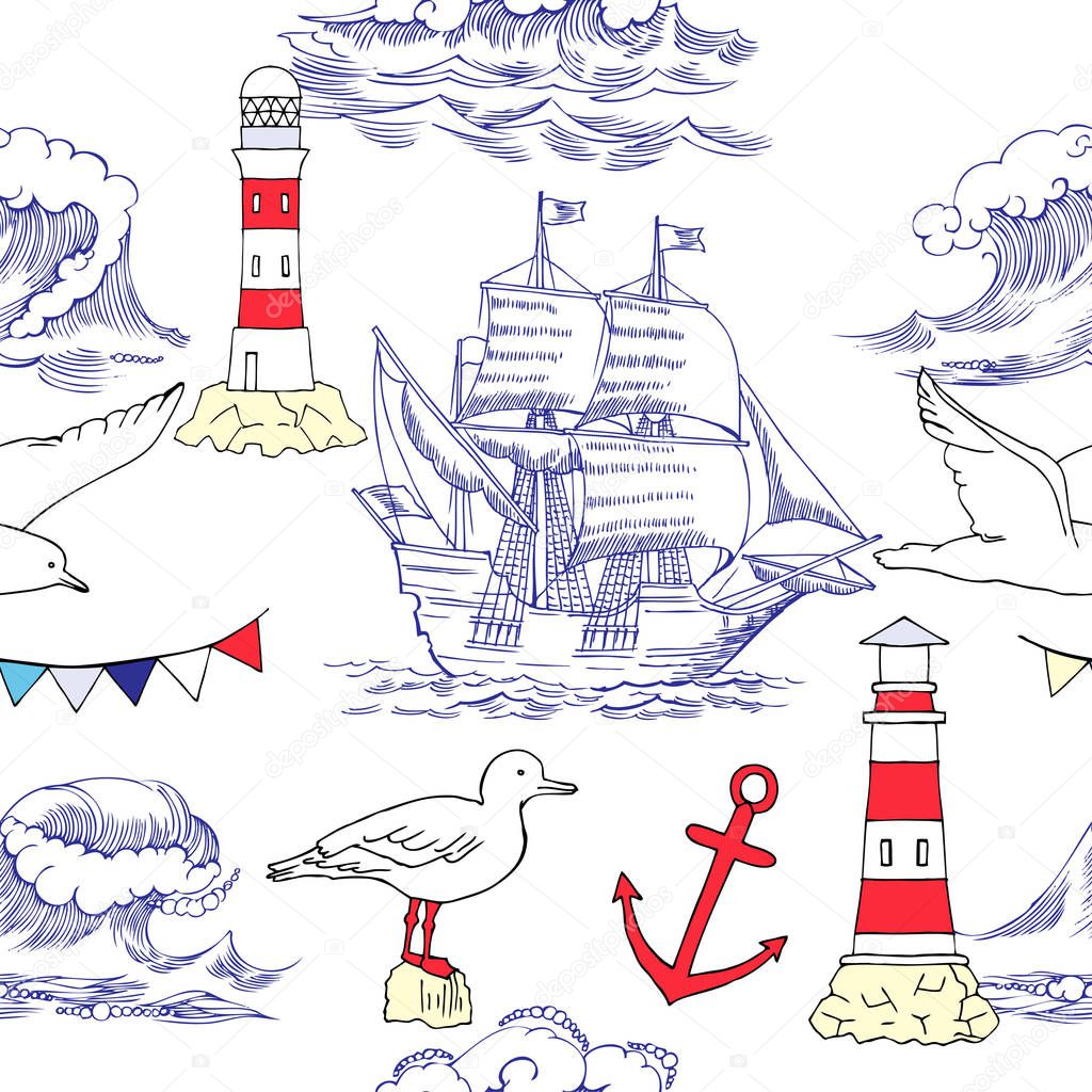 Nautical seamless pattern with sailing vesselsand