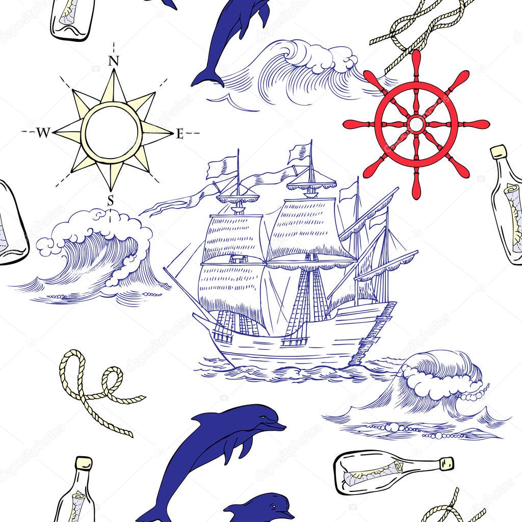 Nautical seamless pattern with sailing vesselsand
