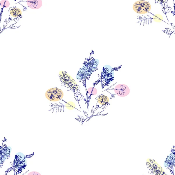 Patrón sin costuras con flores silvestres con bocetos botánicos de verano — Vector de stock