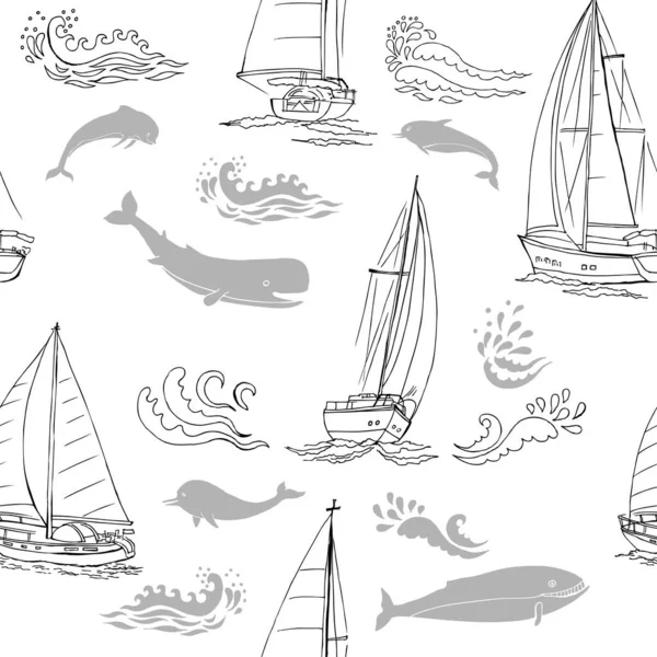 Gemiler, yatlar, deniz hayvanları, yunuslar ve deniz düğümleriyle Nautica kusursuz desen. Yaz tatilleri için elle çizilmiş öğeler — Stok Vektör