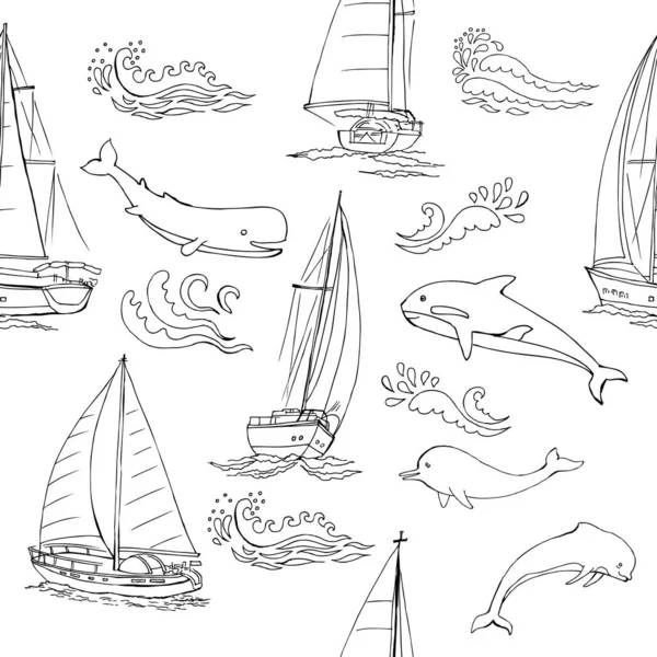 Motivo senza cuciture Nautica con navi, yacht, animali marini, delfini e nodi marini. Elementi disegnati a mano per le vacanze estive — Vettoriale Stock