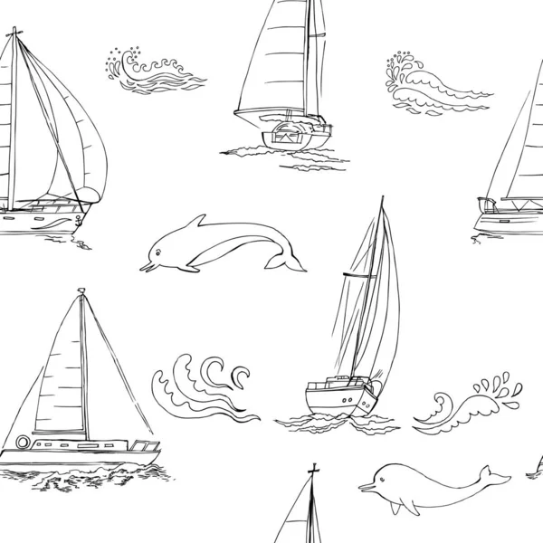 Motivo senza cuciture Nautica con navi, yacht, animali marini, delfini e nodi marini. Elementi disegnati a mano per le vacanze estive — Vettoriale Stock