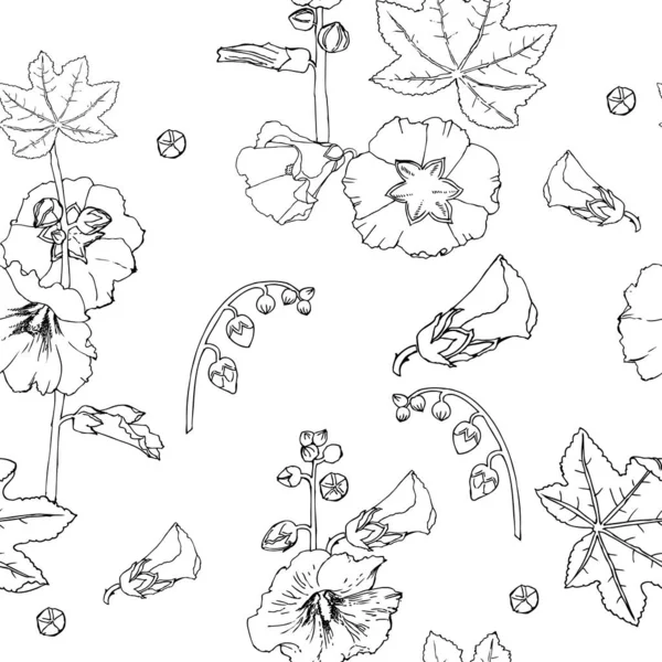 Malva sömlöst mönster Sommar Blommor Skisser. Handritad Digital Illustration Stockillustration