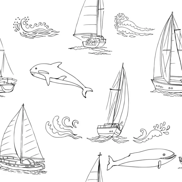 Nautica sömlöst mönster med fartyg, yachter, havsdjur, delfin och havsknutar. Handritade element för sommarsemester Royaltyfria illustrationer