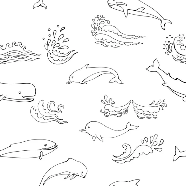 Modello Nautica senza cuciture con animali marini e onde — Vettoriale Stock