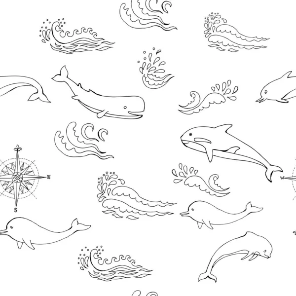 Nautica与海洋动物和海浪无缝模式 — 图库矢量图片