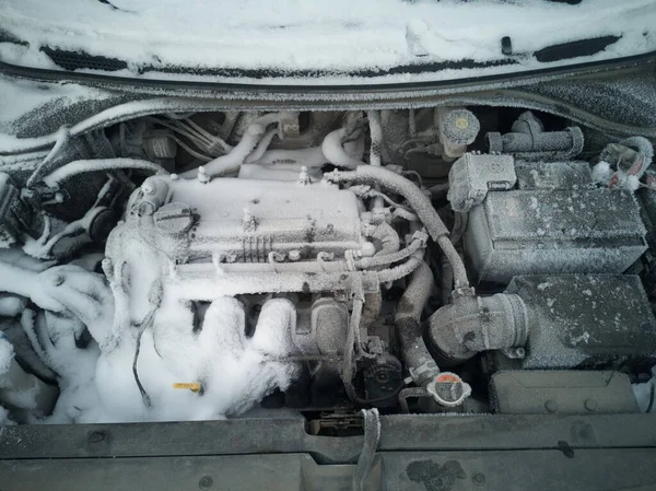 Car Engine Close Engine Compartment Covered Snow Ice Long Parking Royalty Free Stock Images