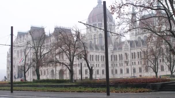 A parlament hátterében egy villamos halad el — Stock videók