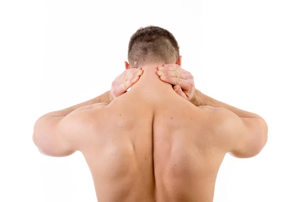Hombre con dolor de cuello sobre fondo blanco — Foto de Stock