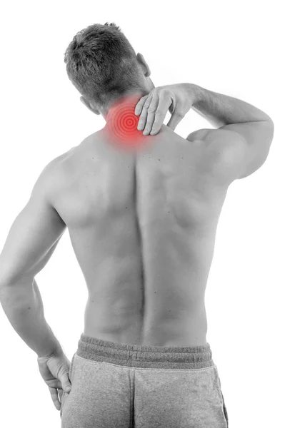 Hombre con dolor de cuello sobre fondo blanco — Foto de Stock