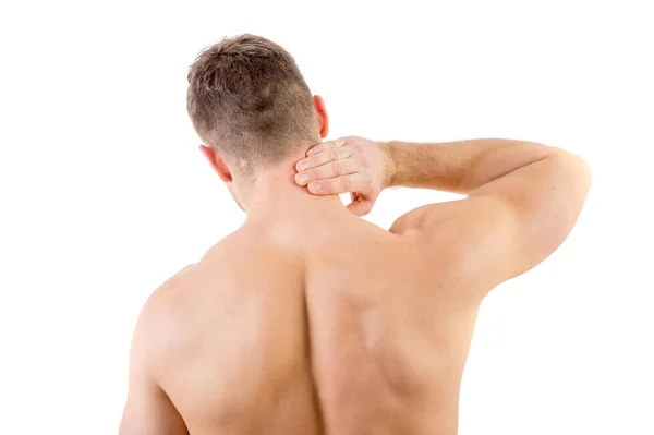Hombre con dolor de cuello sobre fondo blanco — Foto de Stock