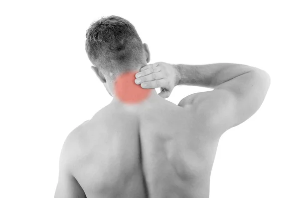 Hombre con dolor de cuello sobre fondo blanco —  Fotos de Stock