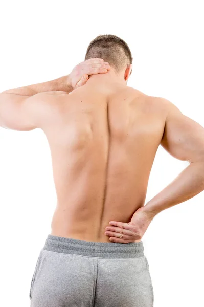Hombre con dolor de espalda sobre fondo blanco — Foto de Stock