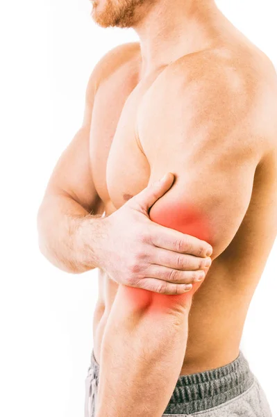 Muž s triceps bolesti nad bílým pozadím — Stock fotografie