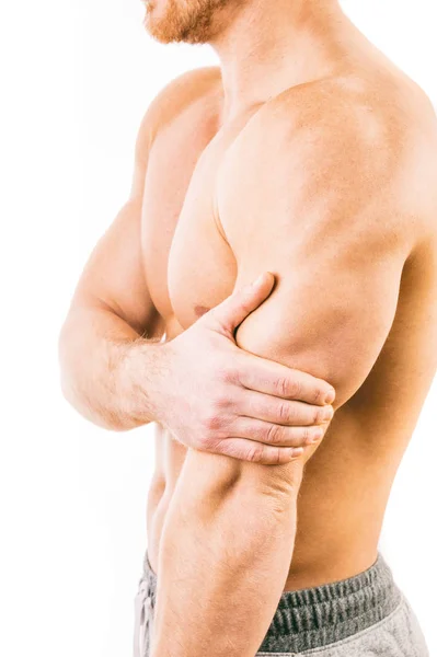 Hombre con dolor de tríceps sobre fondo blanco — Foto de Stock