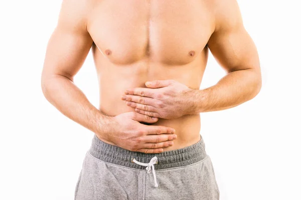 Hombre con dolor de estómago sobre fondo blanco — Foto de Stock