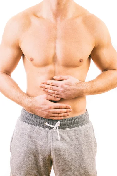 Hombre con dolor de estómago sobre fondo blanco — Foto de Stock