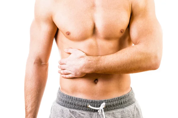 Hombre con dolor de estómago sobre fondo blanco — Foto de Stock