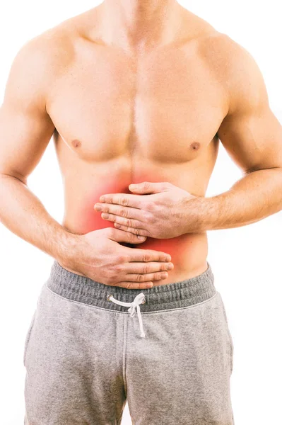 Hombre con dolor de estómago sobre fondo blanco — Foto de Stock