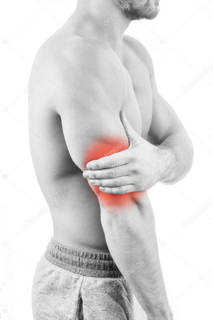 Man with triceps pain over white background