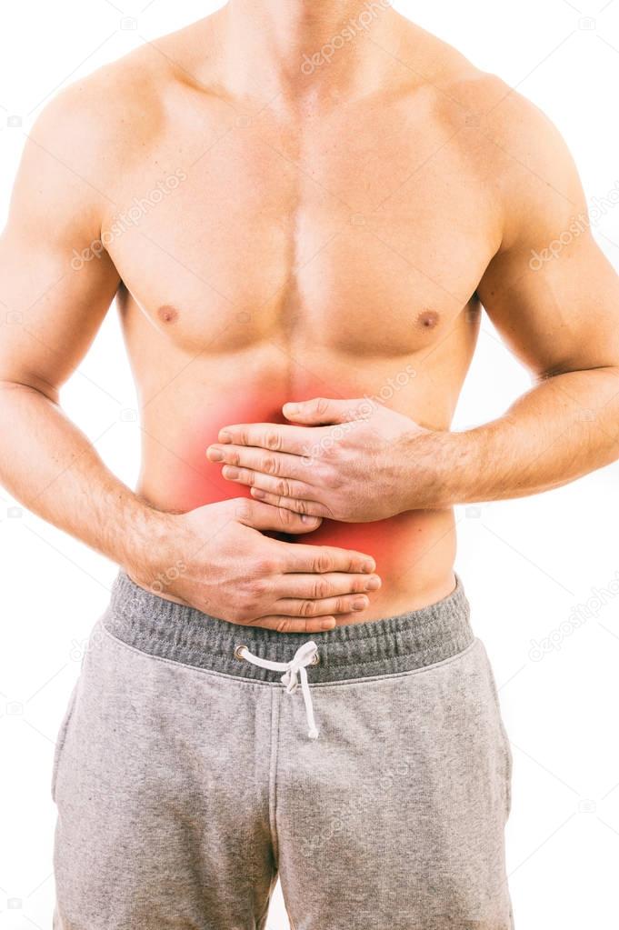 Man with stomach pain over white background
