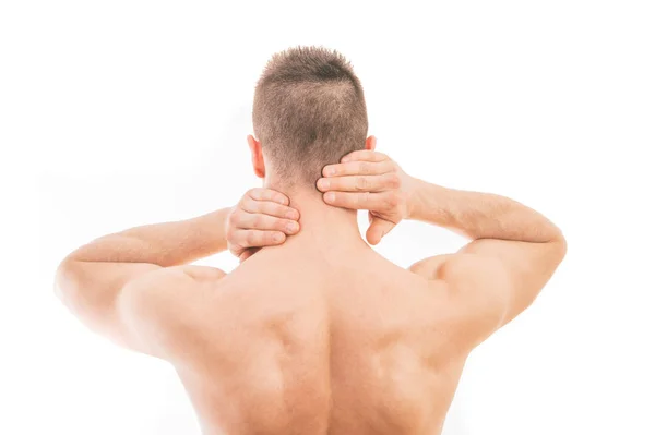 Hombre con dolor de cuello sobre fondo blanco — Foto de Stock