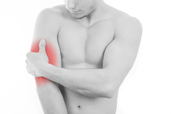 Homem com dor tríceps sobre fundo branco — Fotografia de Stock