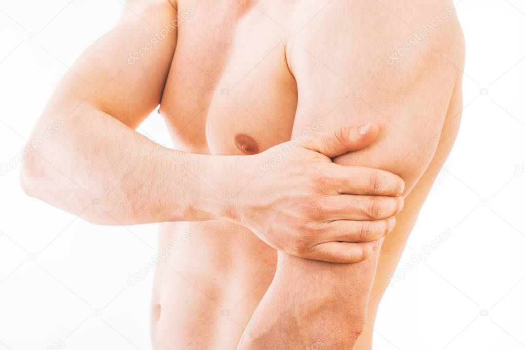 Man with triceps pain over white background