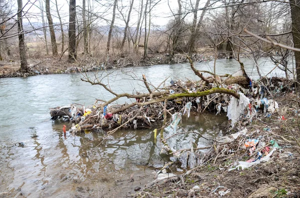 Contaminación Ambiental Bolsas Plástico Botellas Basura Basura Flotando Río Basura — Foto de Stock