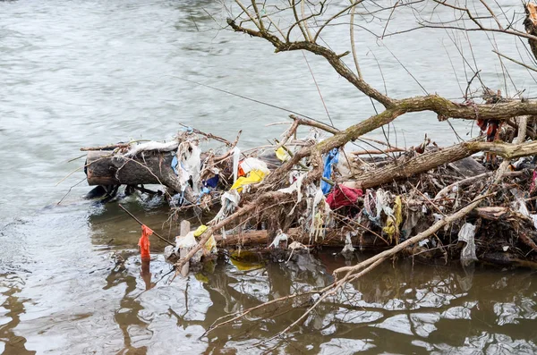 Contaminación Ambiental Bolsas Plástico Botellas Basura Basura Flotando Río Basura — Foto de Stock