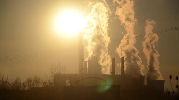 Industrie Luchtverontreiniging Rook Van Fabrieksschoorstenen Bij Zonsondergang — Stockvideo