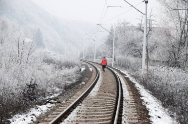 Dağlarda demiryolu karla kaplı, güzel kış manzarası