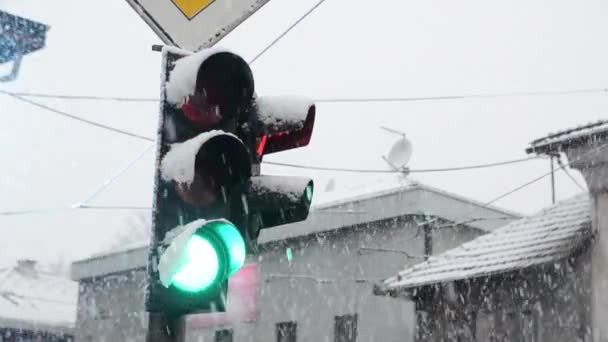 Verkeerslicht Regelt Het Verkeer Tijdens Zware Sneeuwval Sneeuwstorm Verlichte Lichten — Stockvideo