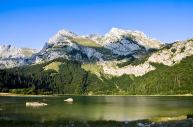 Göl, yeşillik ve mavi gökyüzü arkaplanı olan manzaralı dağlar. 