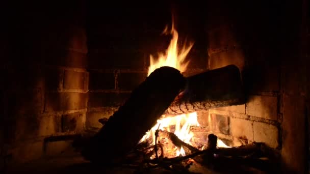 Ρομαντική Φωτιά Στο Τζάκι Κορμούς Και Φλόγες Στο Σπίτι — Αρχείο Βίντεο
