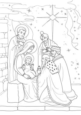 Noel zamanı. Bebek İsa ile boyama sayfası, Mary Joseph, üç kadın.