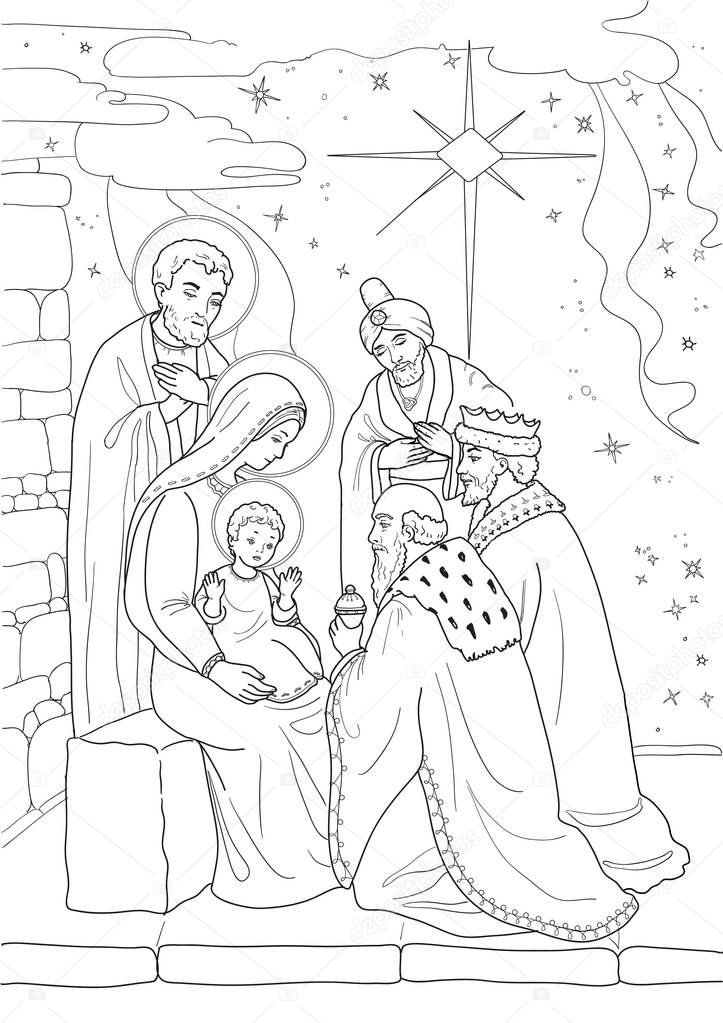 Christmas. Coloring page with baby Jesus, Mary Joseph, three wis