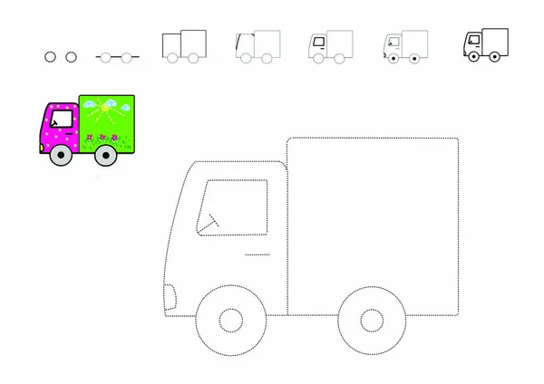 Kurs rysunku. Jak narysować samochód. Ciężarówka do namierzenia. Wektor — Zdjęcie stockowe