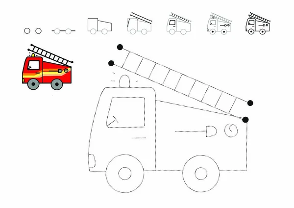 Teken tutorial. Hoe je een auto tekent. Brandweerwagen te traceren. — Stockvector