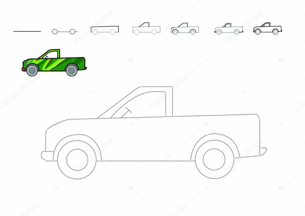 Pickup.Drawing tutorial. How to draw a car.  Vector 