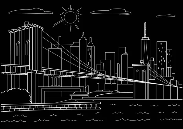 Ponte de Brooklyn, Nova Iorque. Linha de arte em um fundo preto . —  Vetores de Stock