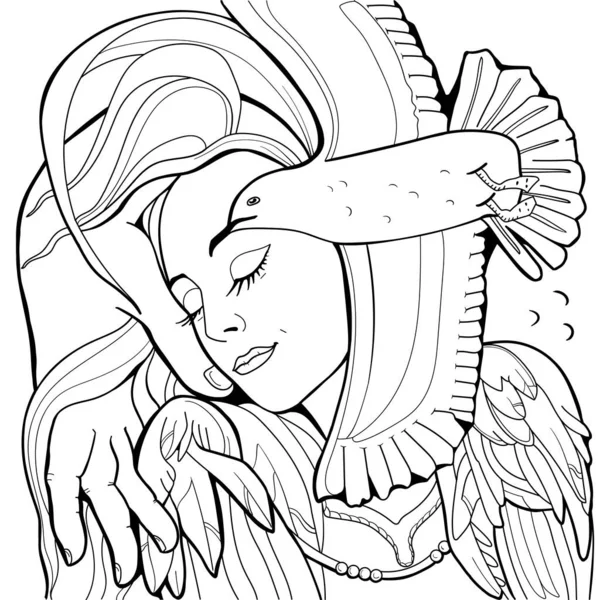 Face of a beautiful girl made of bird wings and hands. Line art. — Stok Vektör