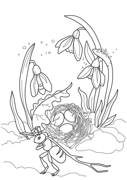 Vector Dibujando Flores Primavera Hormiga Nido Pájaro Composición Floral Ilustración — Archivo Imágenes Vectoriales