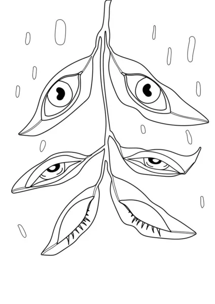 Stress Coloring Book Page Adult Oči Listy Kapky Deště — Stockový vektor