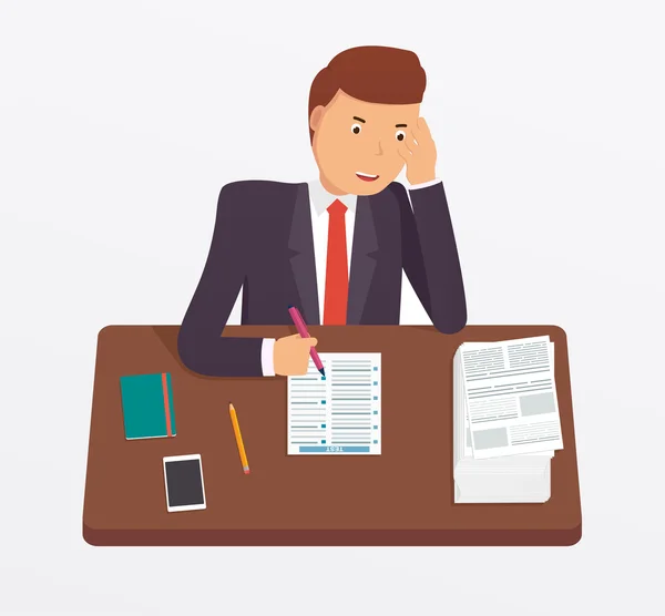 Businessman busy with documents, pile of paperwork sitting at office desk. — Stock Vector