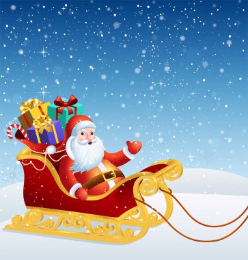 Noel Baba hediye dolu büyük bir çanta ile bir atlı kızak içinde. Kış sno