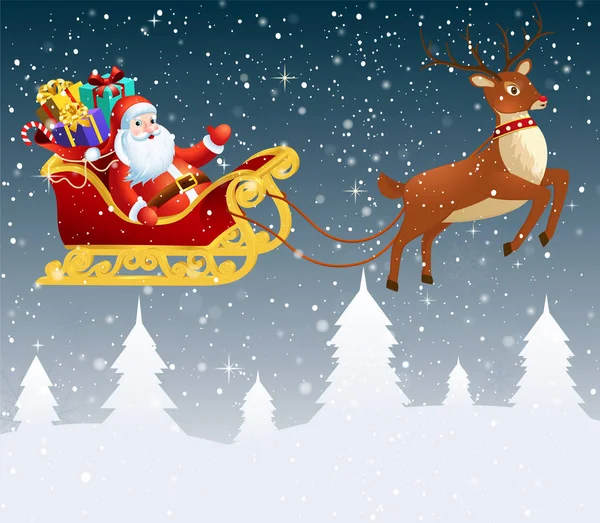 Papai Noel em um trenó com um grande saco cheio de presentes . — Vetor de Stock