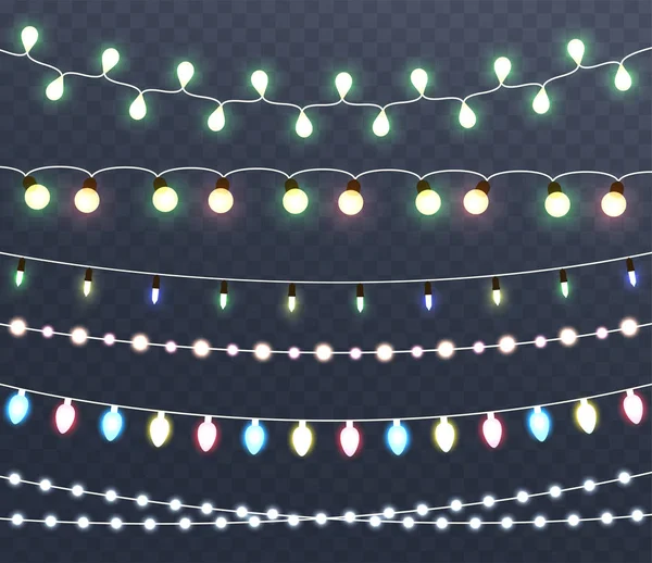 Luces brillantes de Navidad, guirnaldas, decoraciones navideñas . — Vector de stock