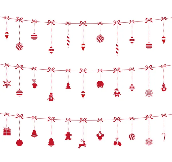 Röda juldekorationer hängande på rep. — Stock vektor